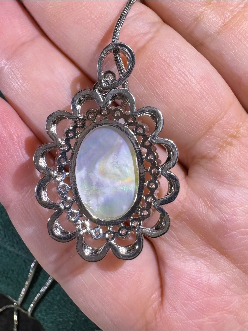 Vintage Mother of Pearl CZ Halo Pendant Necklace